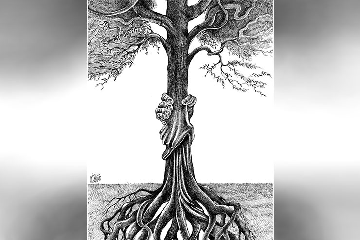 در این اثر، نوری نجفی درختی را تصویر کرده است که مانند همه درختها از سه بخش اساسی تشکیل شده است؛ ریشه، شاخ و برگ و تنه. اتفاق در میانه تصویر و حدفاصل ریشهها و شاخهها میافتد. او تنه را حاصل بههم رسیدن دستهای ریشهها و شاخهها تصویر کرده است. دستهایی که یکدیگر را محکم گرفتهاند. ولی شکل گرفتنشان مثل دست دوستی نیست. دست نجات است. پنجههایی که بهجای فشردن یکدیگر، از هم عبور کردهاند و کمی بالاتر از مچها را چنگ زدهاند.